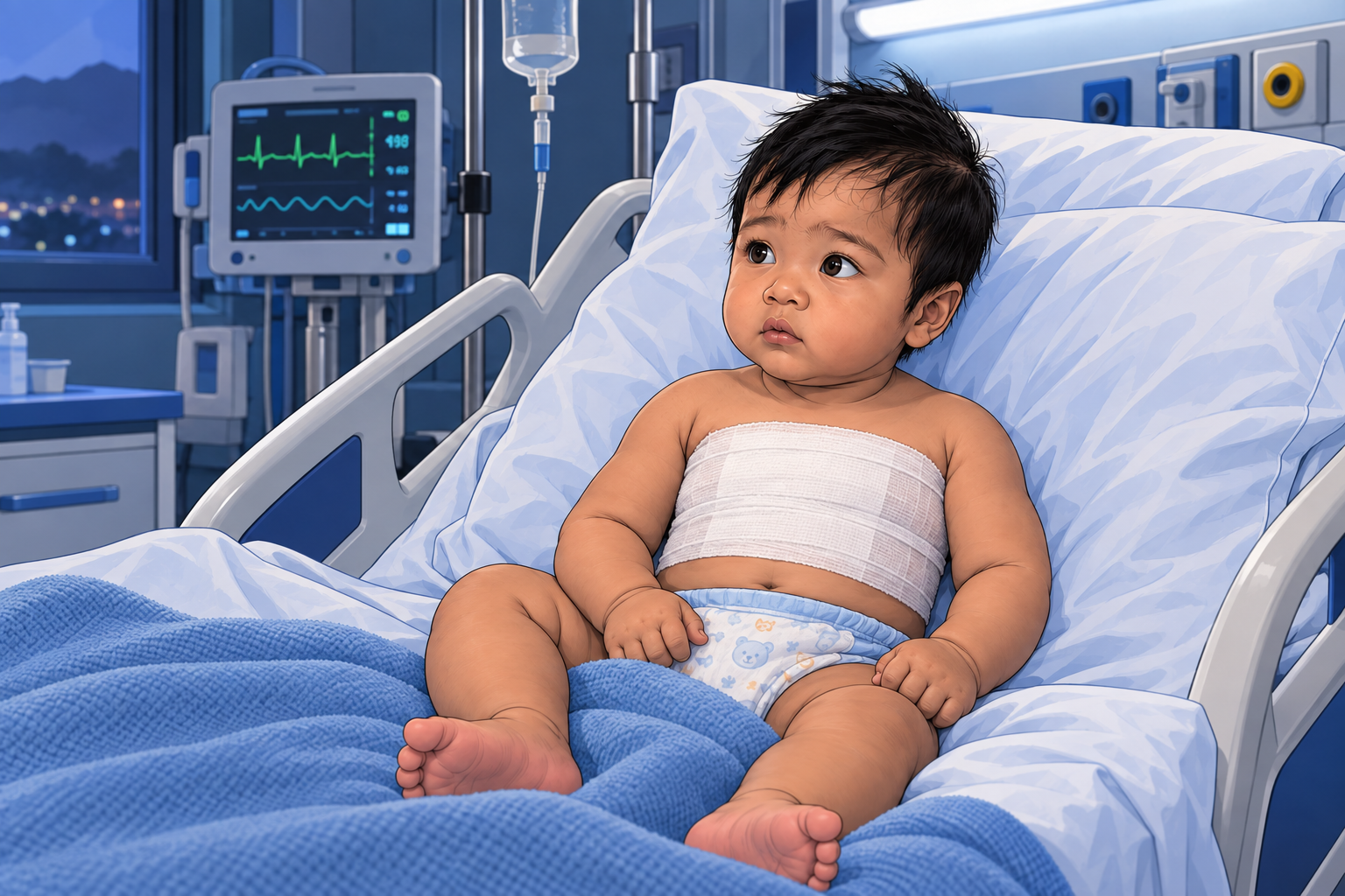Illustration d’Arjun hospitalisé avec un bandage autour du thorax