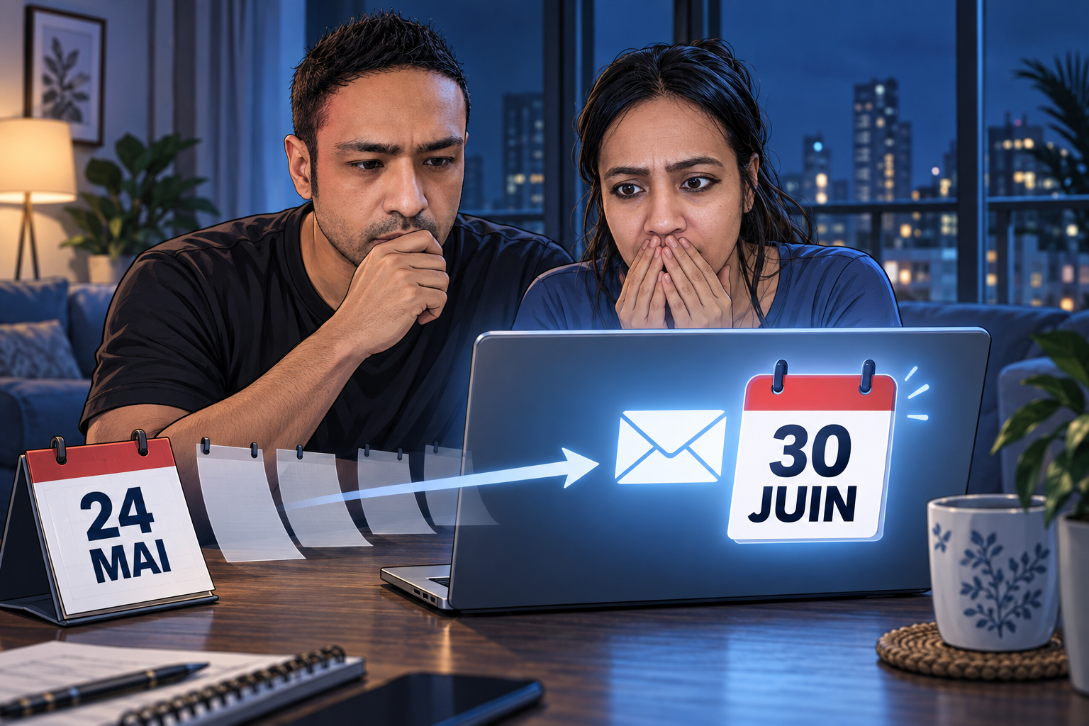 Illustration de Ryan et Stéphanie informés le 30 juin d’un incident survenu le 24 mai