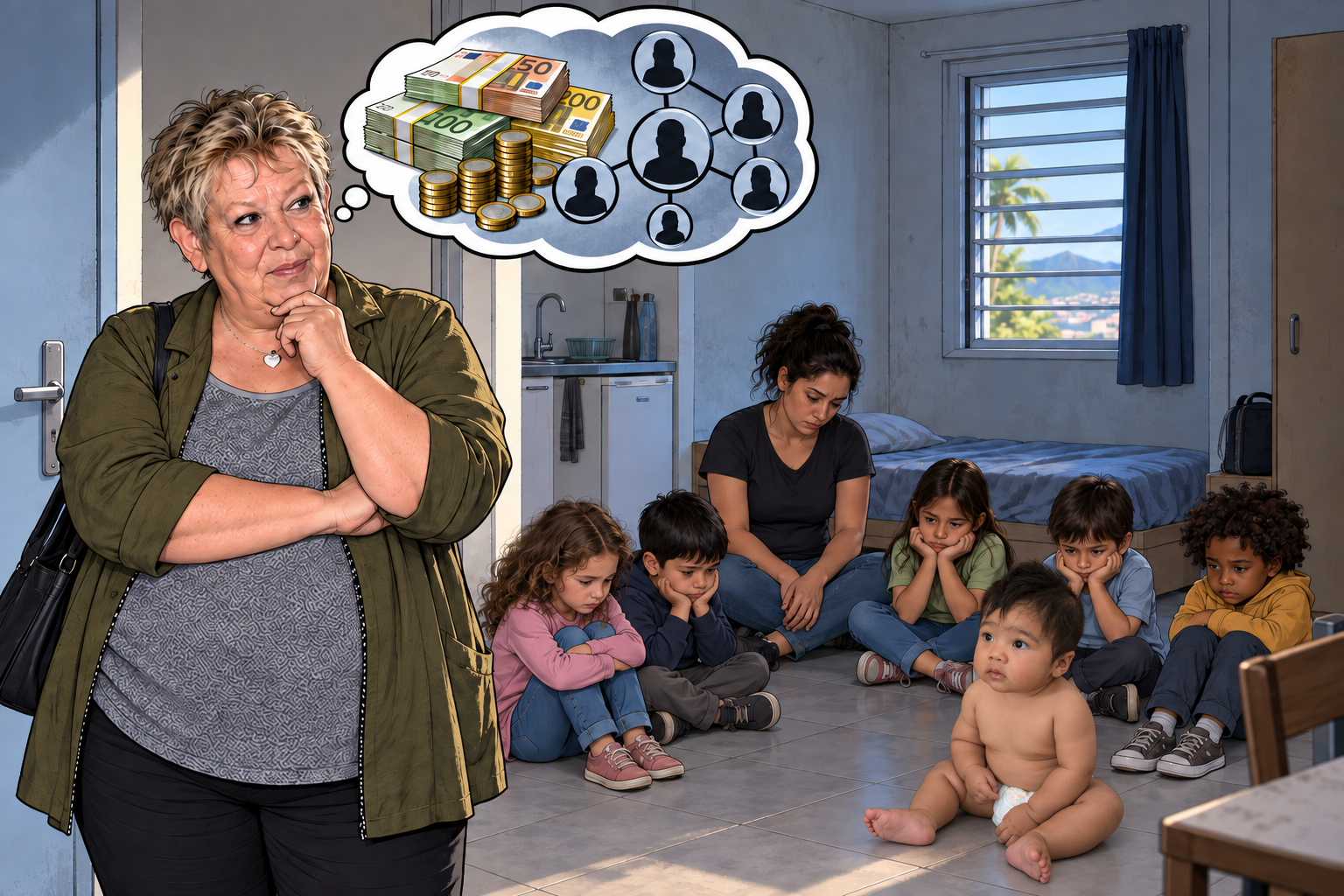 Illustration de Sophie Cadet, d’une personne chargée de surveiller cinq enfants et d’Arjun assis à l’écart
