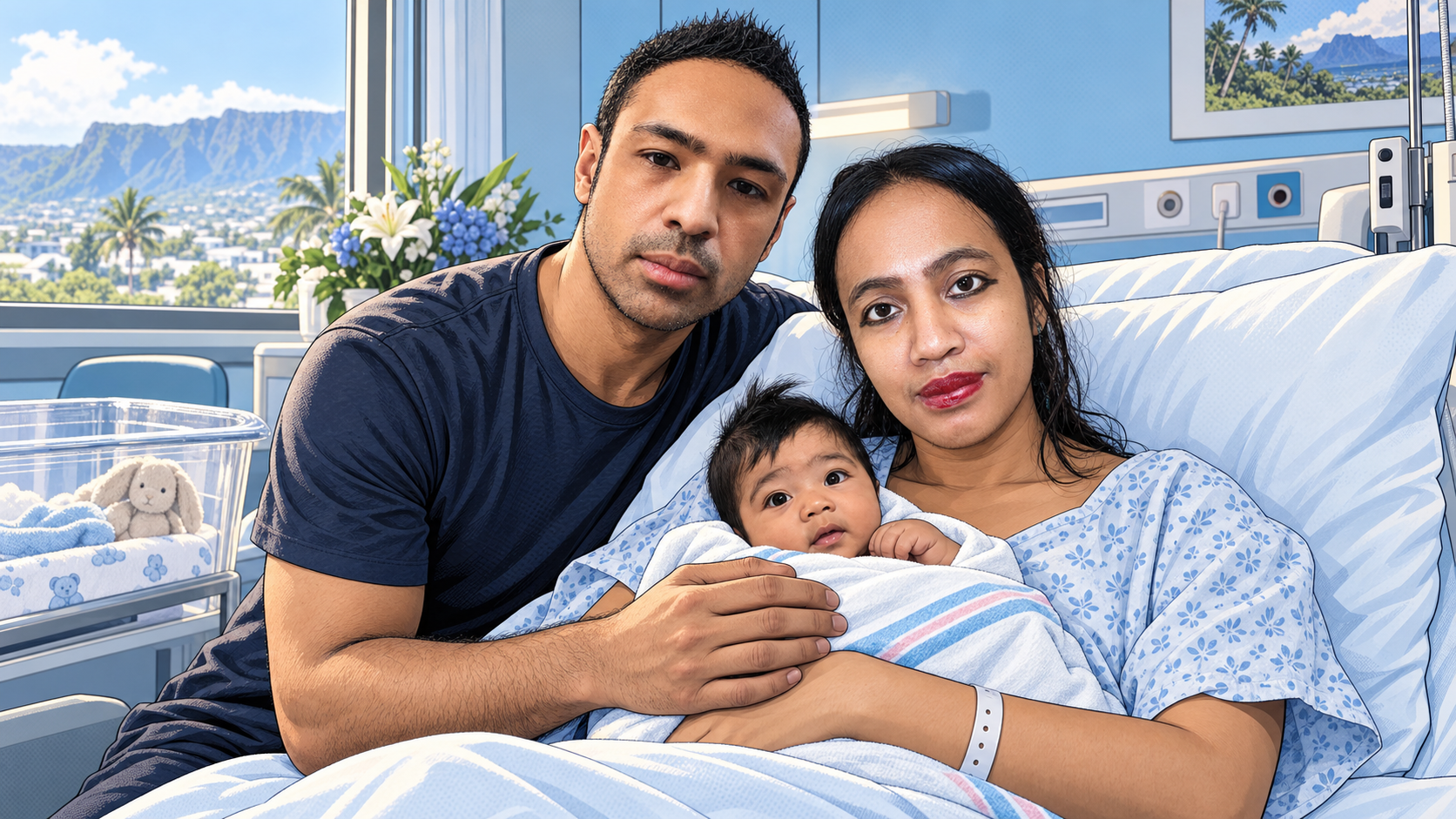 Illustration BD de Rudy, Stéphanie et Arjun dans la chambre de la clinique après sa naissance