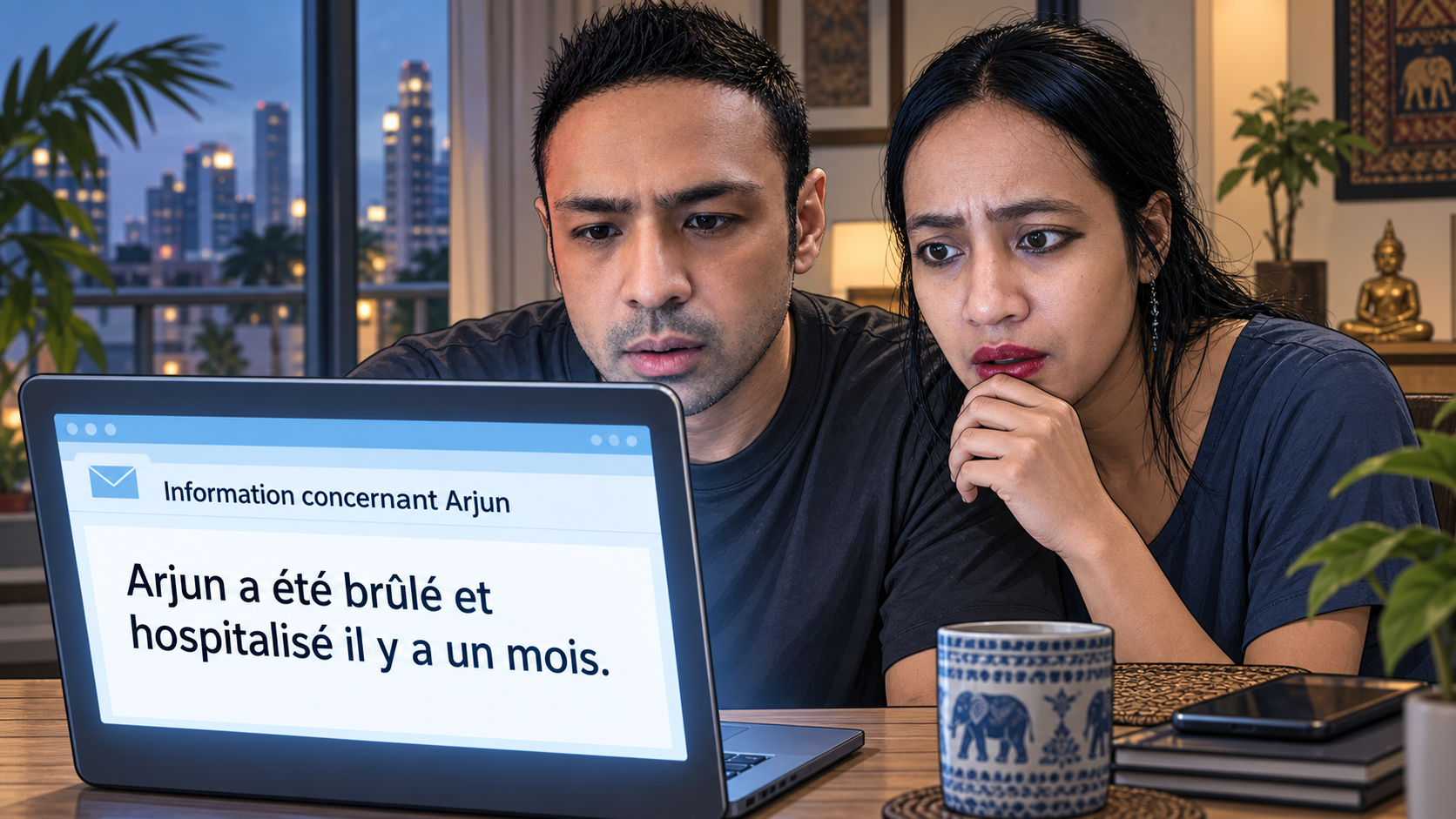 Illustration BD de Rudy et Stéphanie découvrant depuis leur condo en Thaïlande un courriel les informant tardivement de l’hospitalisation d’Arjun