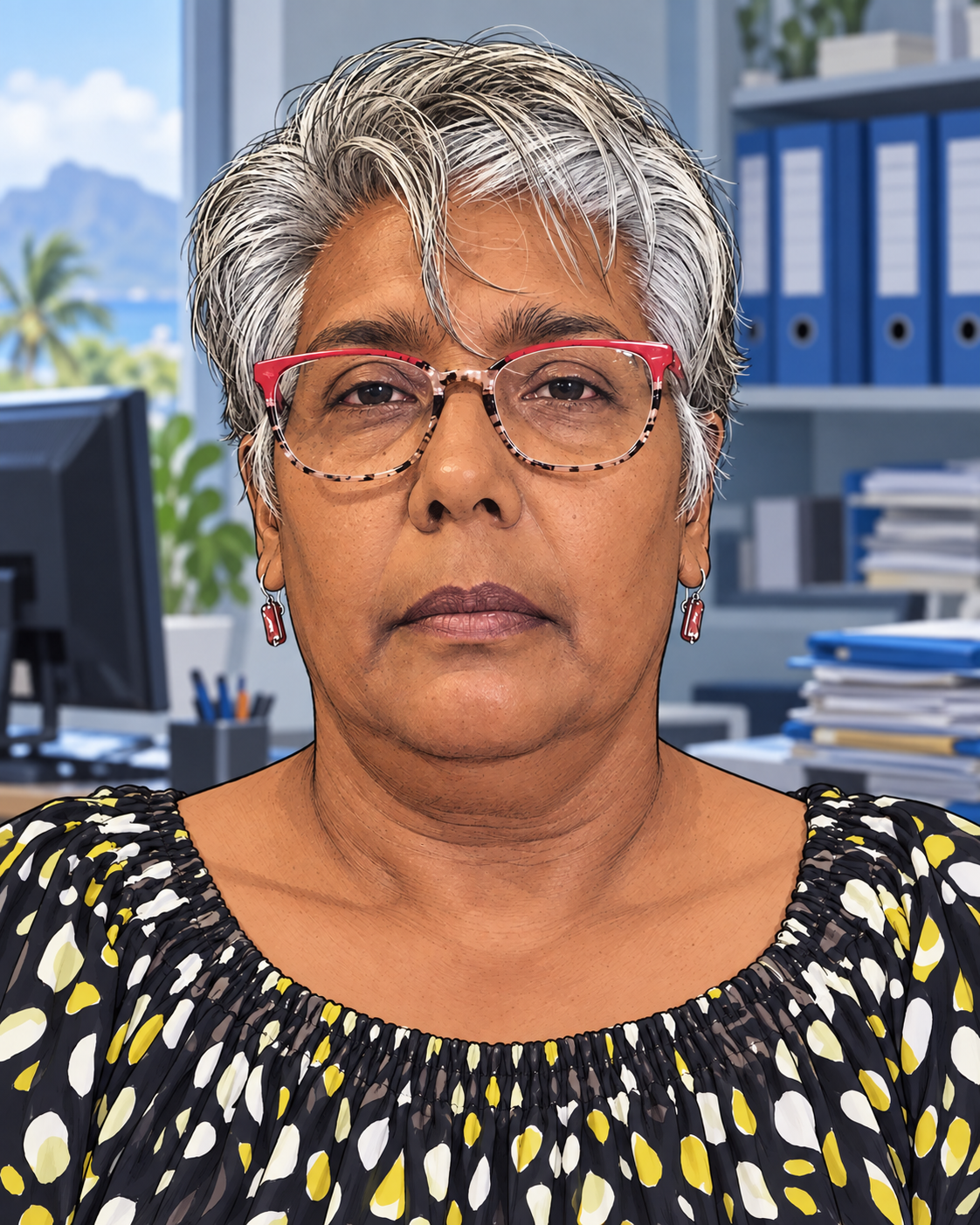 Portrait illustré froid de Jeanne Toolsy dans un bureau