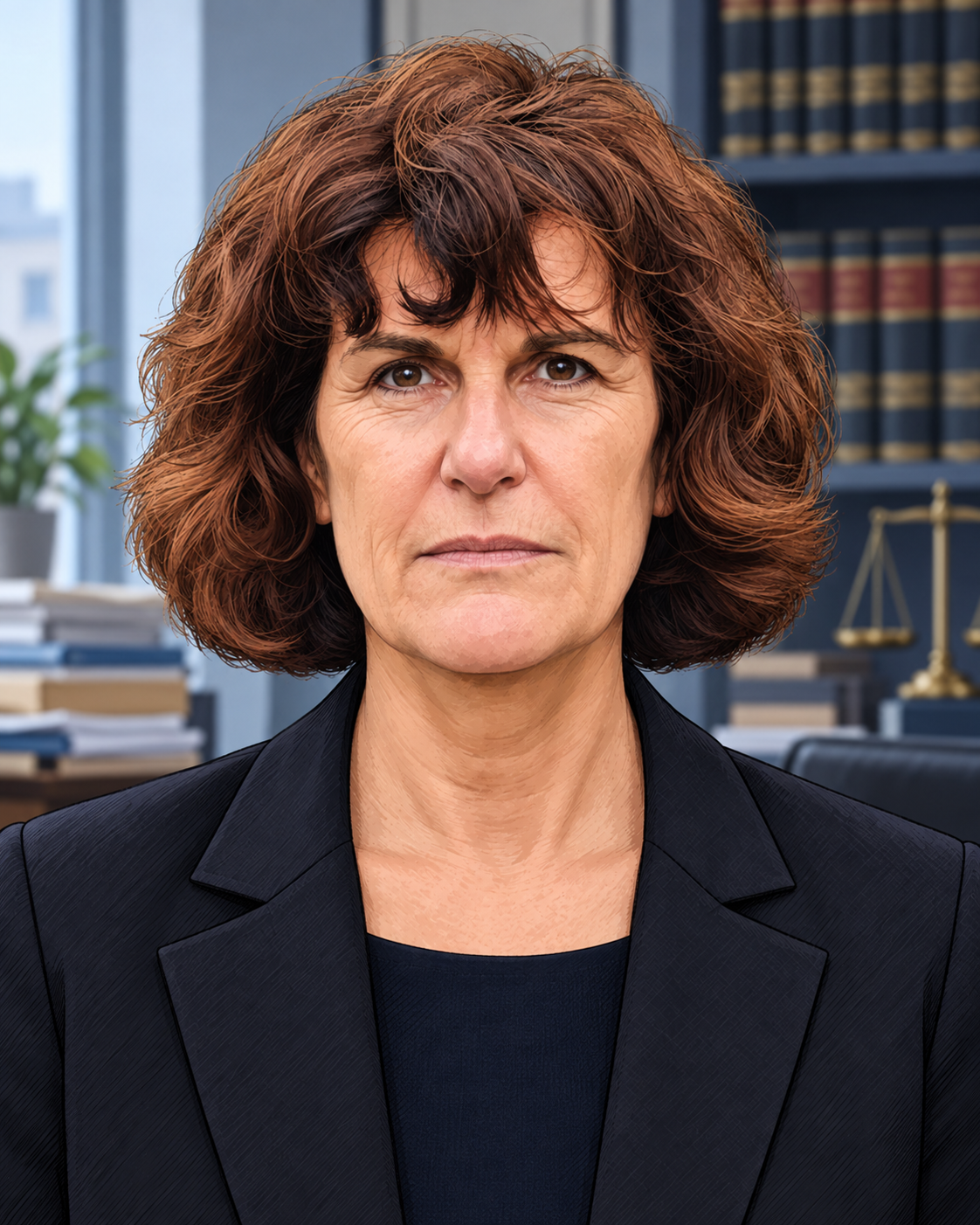 Portrait illustré froid de Maud Lépine dans un bureau judiciaire