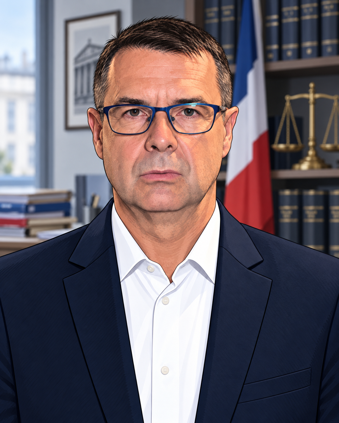 Portrait illustré froid d’Olivier Clemençon dans un bureau judiciaire